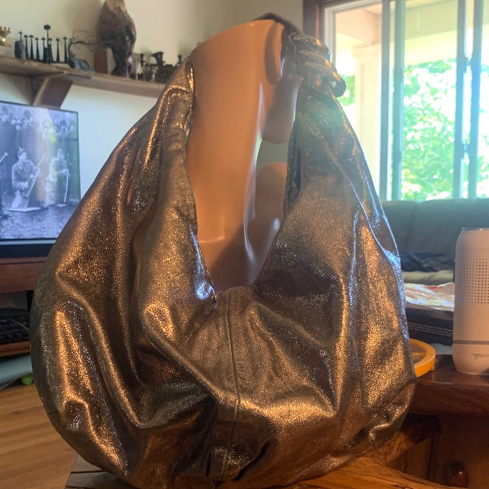 ELIE TAHARI METALLIC GOLD/BRONZE HOBO SHOULDER BAG WITH GOLD RINGS DETAIL